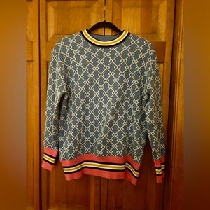 Women's Sz S Blue & Pink Retro Inspired Sweater, White Red Black Orange Details